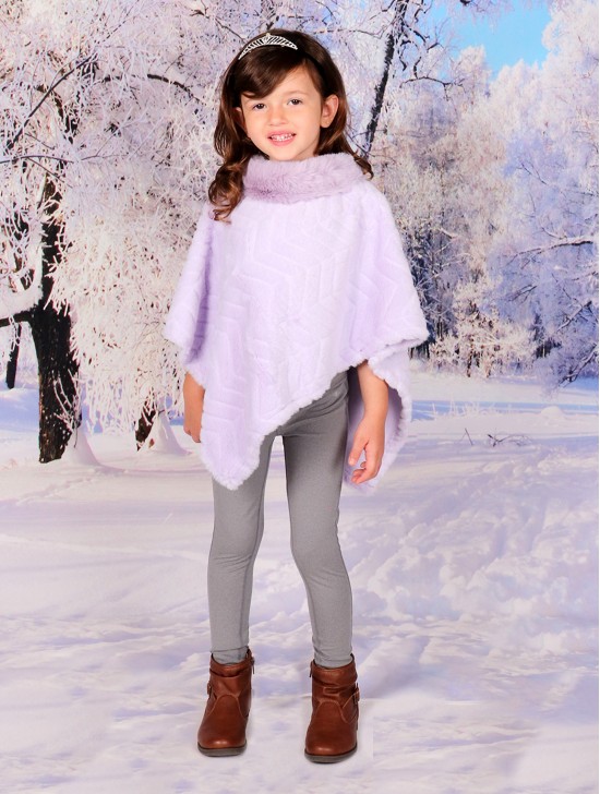 Kids Soft Faux Fur Poncho W/  Zig-zag Pattern and Faux Fur Neckline (3-7 Years Old) 